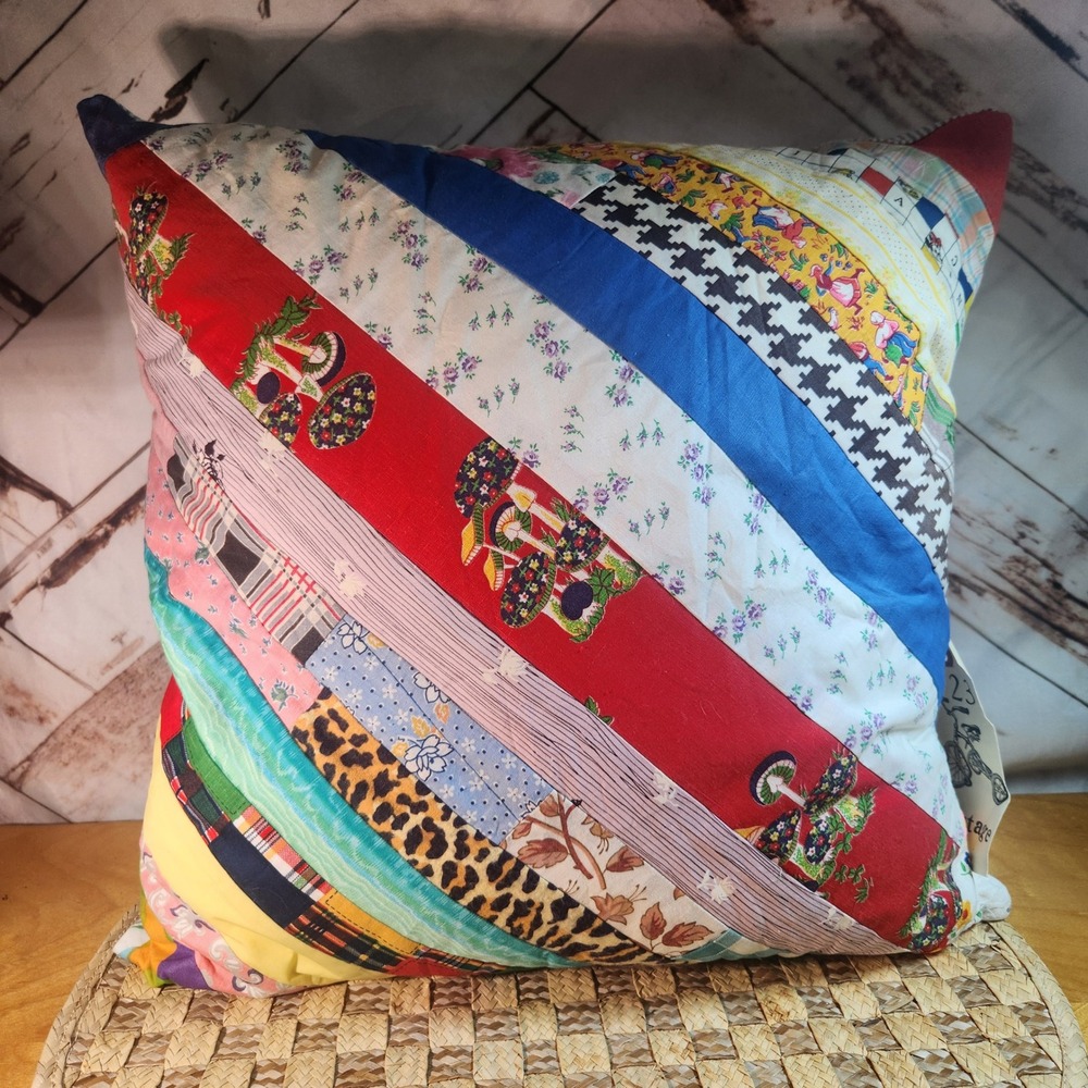 Handmade Vintage Quilt Pillow 16x16 Patchwork Ticking Back Memory Quilt Cover